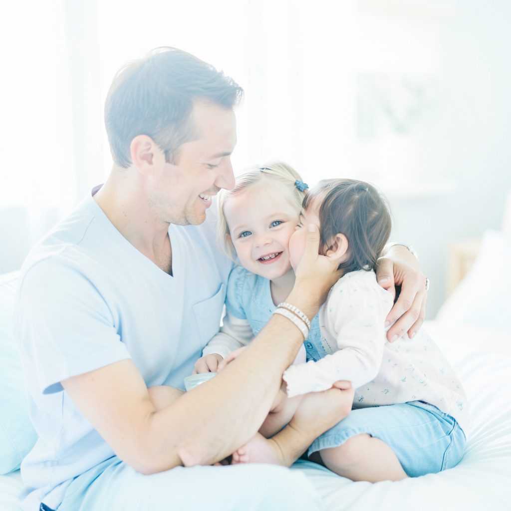 A bright, airy photograph of a family sitting together near a window, soft blue and white tones, calm and supportive mood